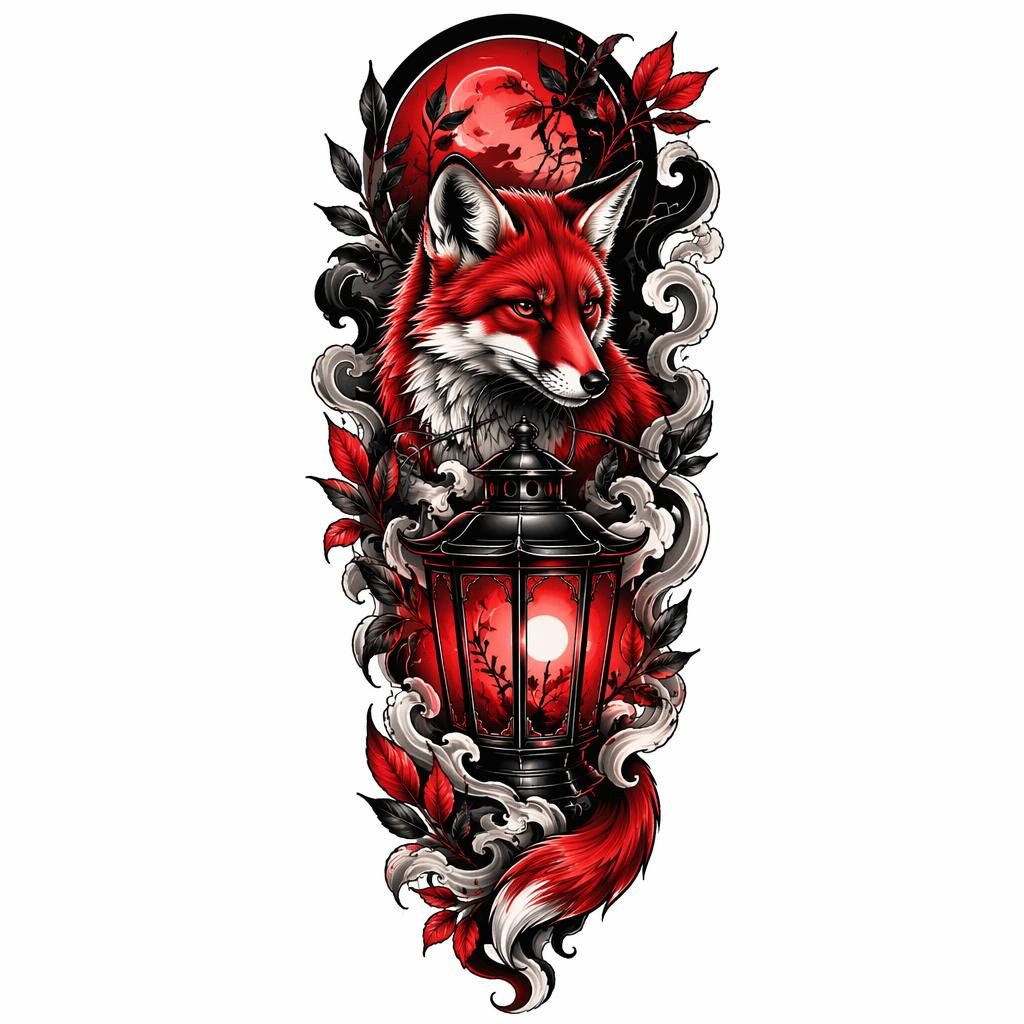 Tattoo-Design auf weißem Papier: neo-traditioneller Fuchs mit Laterne in Schwarz und Rot, klare Linien, hoher Kontrast.