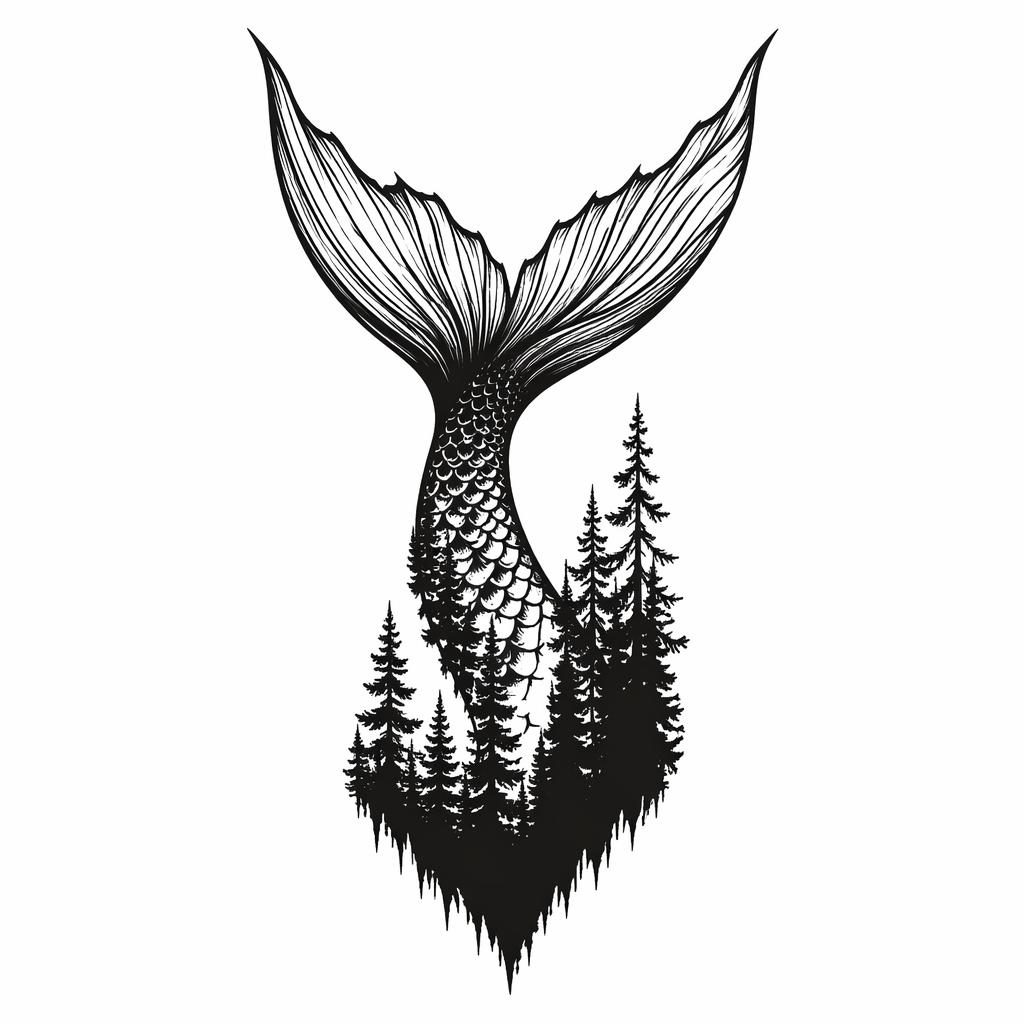 Blackwork tattoo design on white paper showing a forest silhouette in sharp linework, flash-sheet style.