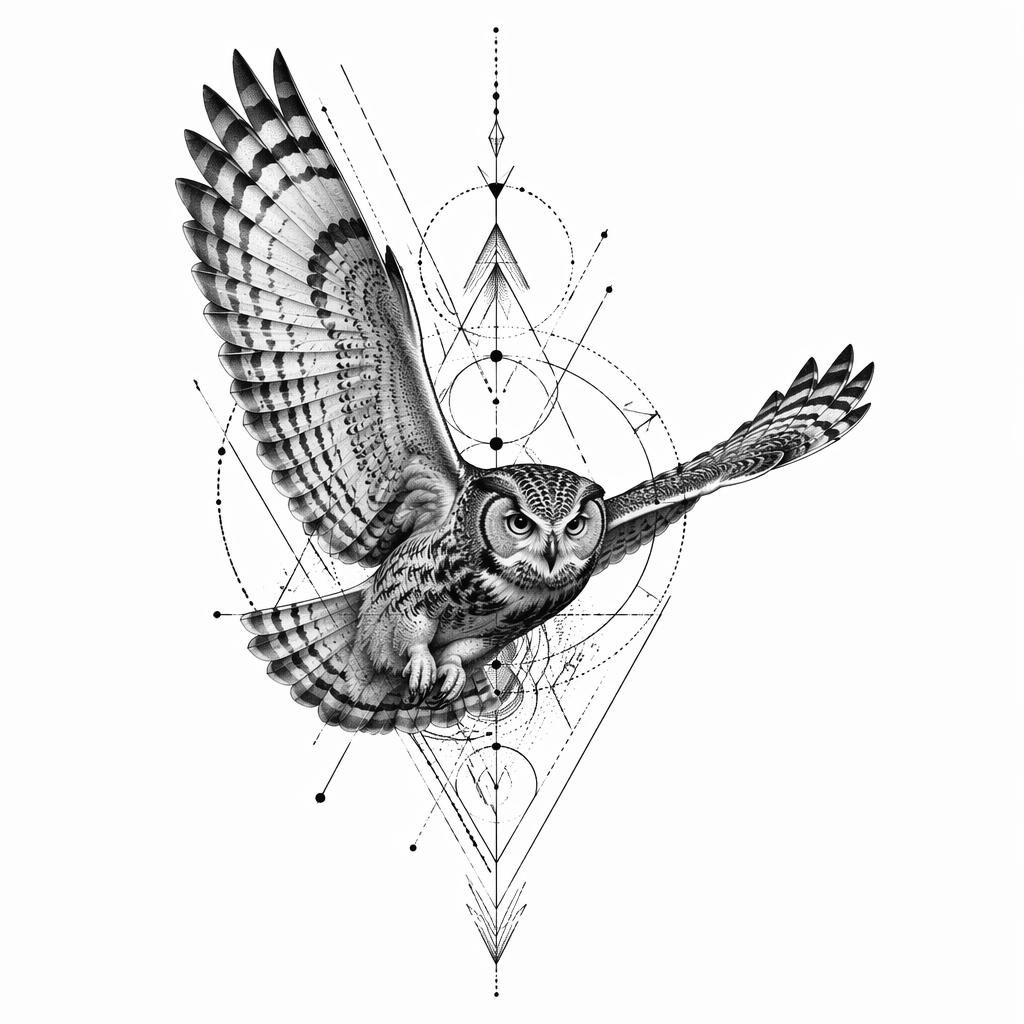 Diseño de tatuaje de búho en vuelo sobre papel blanco, estilo geométrico y dotwork, alto contraste y líneas nítidas.