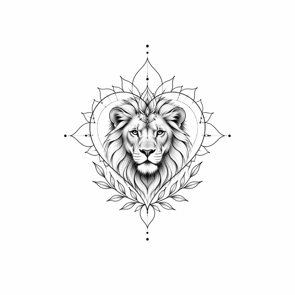 Tattoo-Design auf weißem Papier mit realistischem Löwenporträt, feinen Linien und Flash-Sheet-Stil für den Knöchel