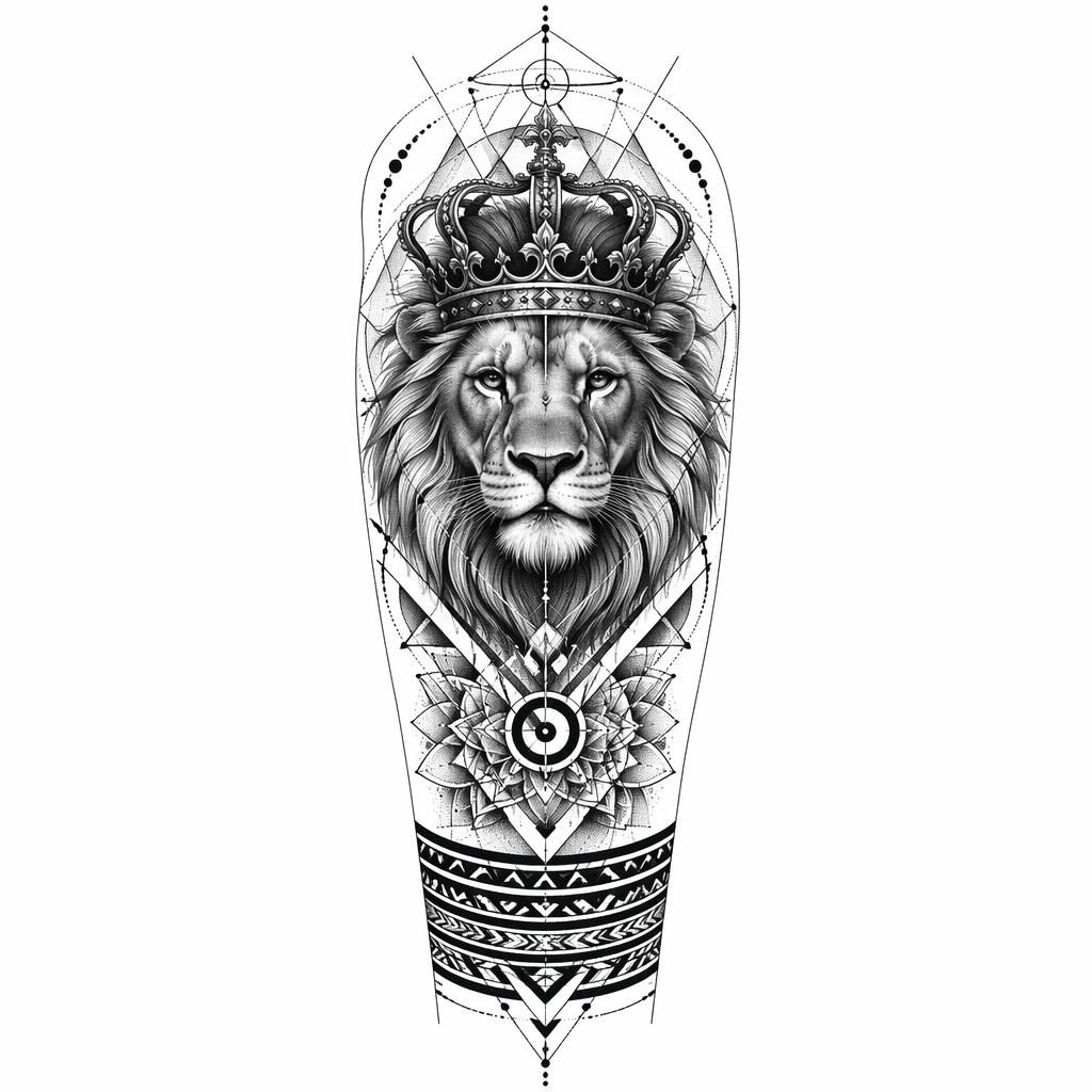 Diseño de tatuaje en papel blanco de león con corona, líneas geométricas y dotwork para brazo tipo manga.