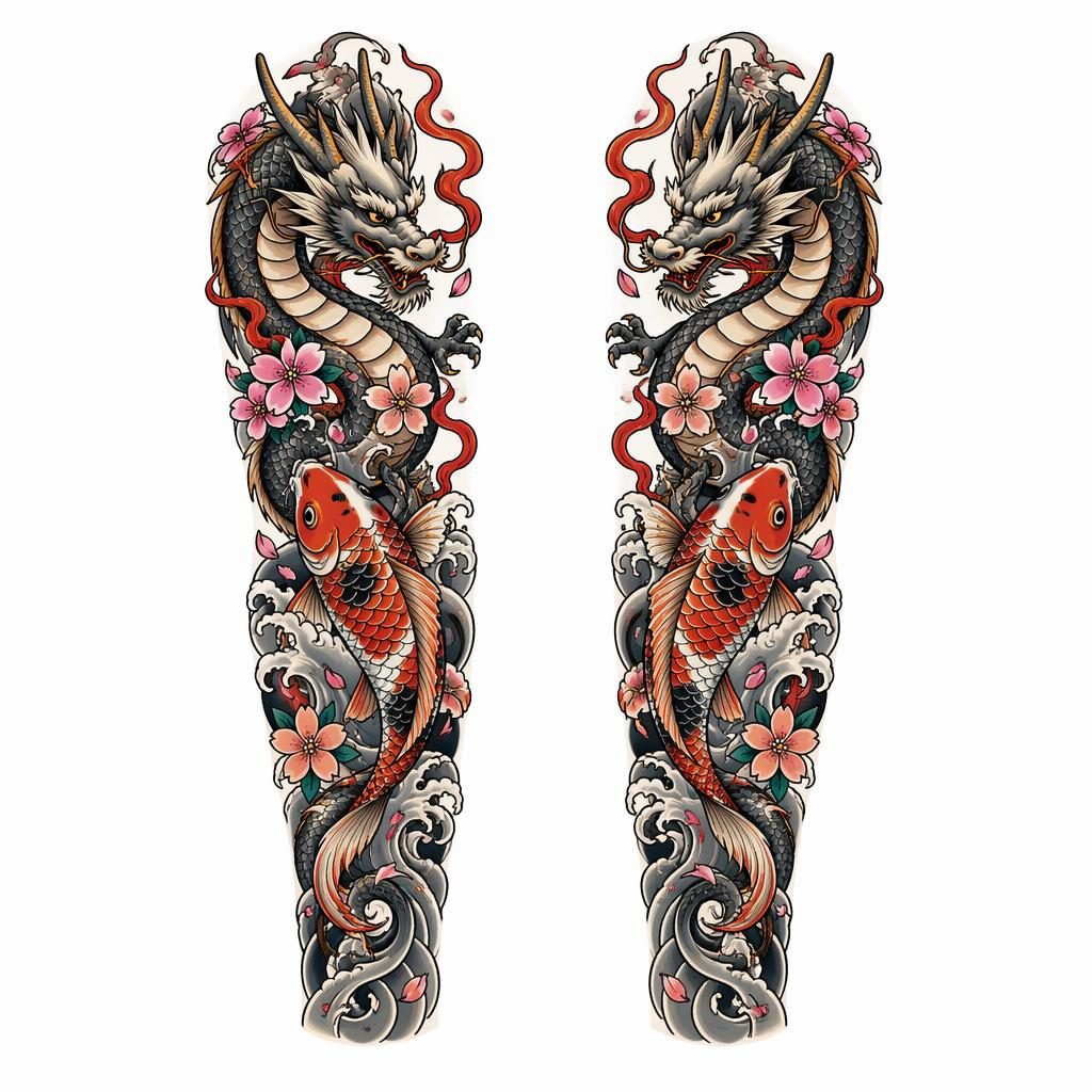 Diseño de tatuaje en papel blanco de koi dragón japonés neo-tradicional, líneas nítidas, alto contraste y estilo flash