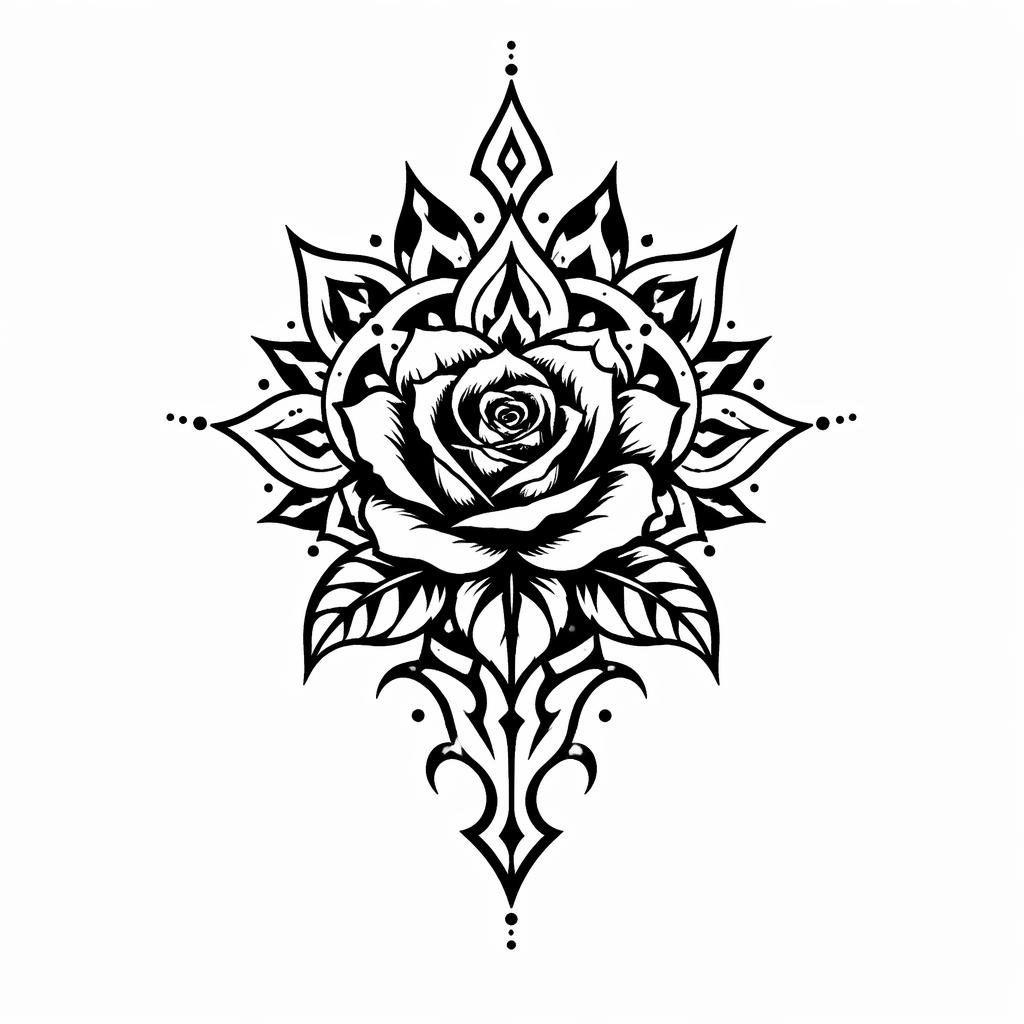 Concept de tatouage mandala blackwork tribal noir sur papier blanc, lignes nettes, style flash, petit format