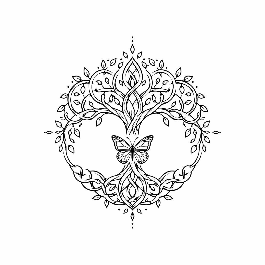 Dessin de tatouage fineline sur fond blanc, arbre de vie celtique minimaliste avec esprit mini tatouage papillon