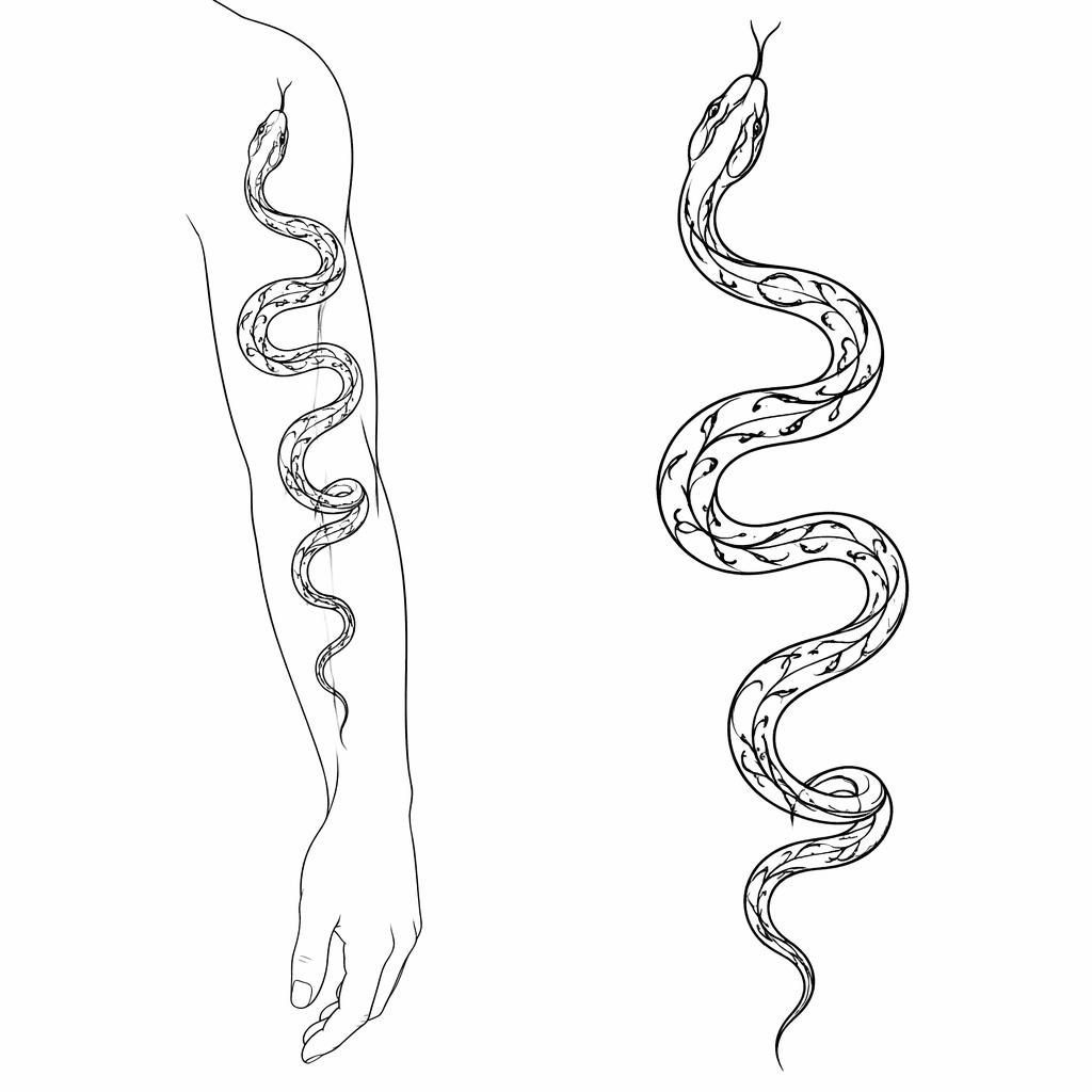 Tattoo-Design auf weißem Papier: Schlange in geschwungener Linienführung für den Arm, klare Konturen, Flash-Sheet-Stil.