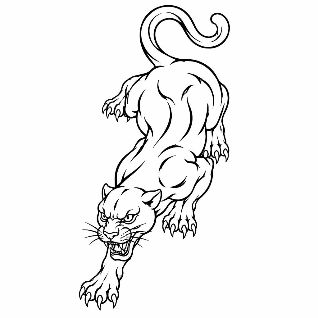 Diseño de tatuaje de pantera tradicional reptando en linework sobre papel blanco, estilo flash limpio y alto contraste.