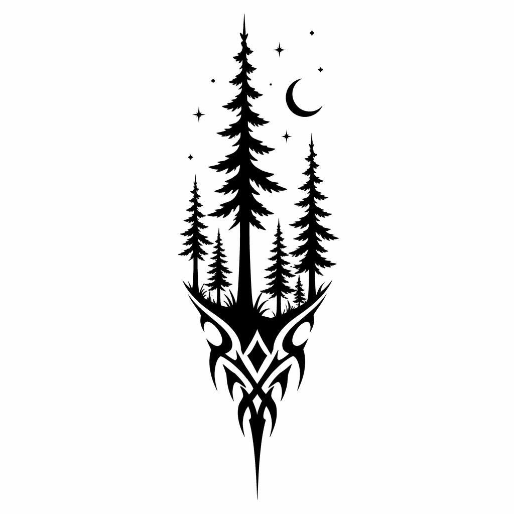 Blackwork tribal forest silhouette tattoo design on white paper with sharp lines and high contrast, flash-sheet style.