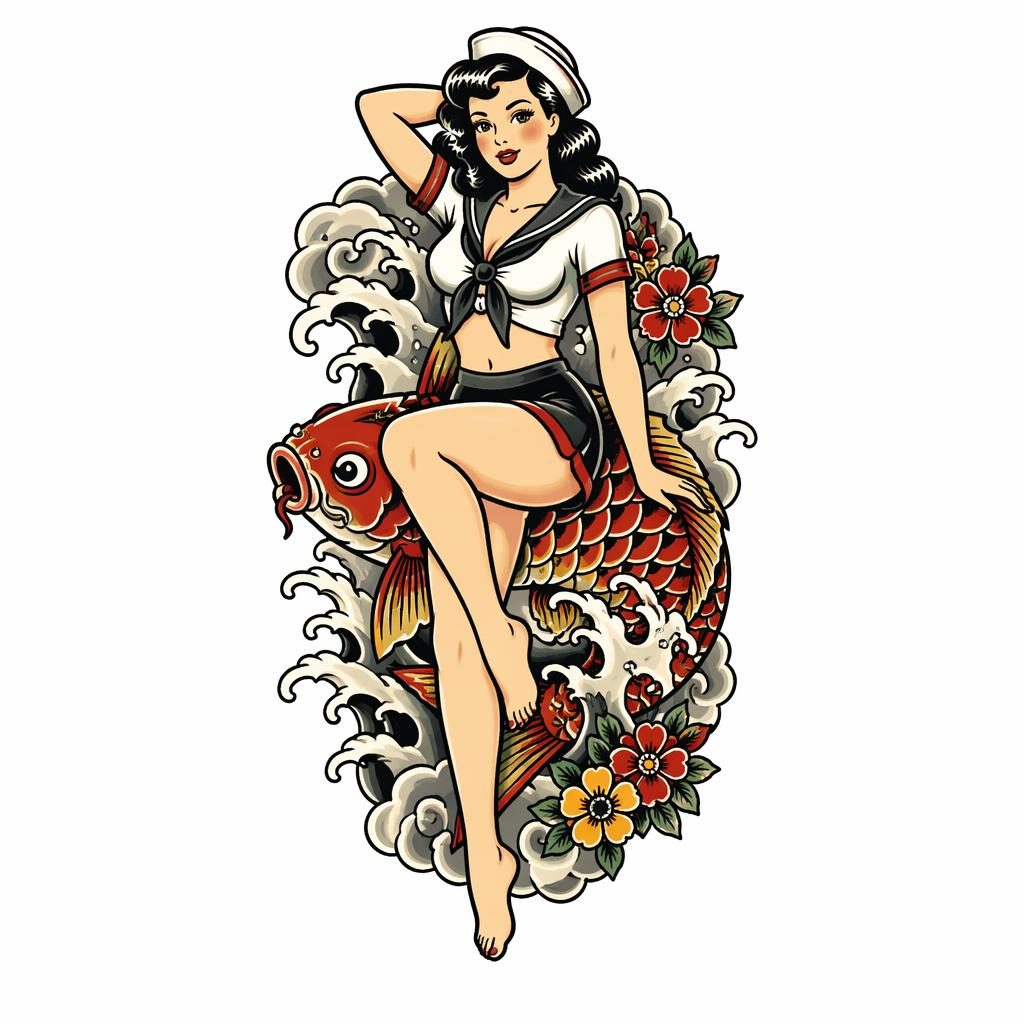 Tattoo-Design auf weißem Papier: Sailor-Jerry-Pin-up im japanischen Irezumi-Stil, klare Linien, hoher Kontrast