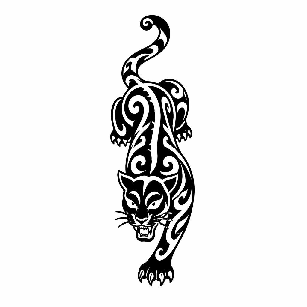 Illustration de panthère rampante en blackwork sur papier blanc, petit format, lignes nettes, style flash tattoo