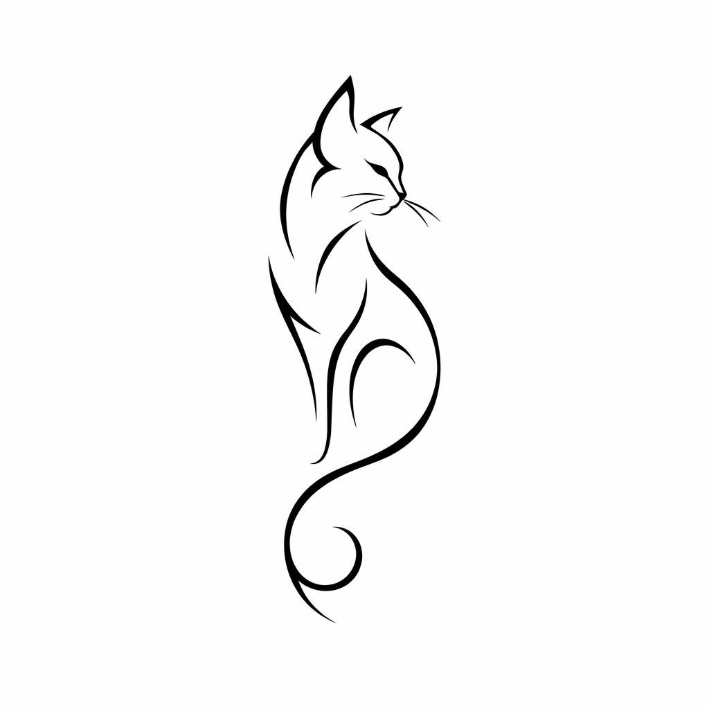 Minimalistische Fineline-Katzenkontur im Tribal-Stil auf weißem Papier, als kleines Tattoo-Flash mit scharfen Linien.