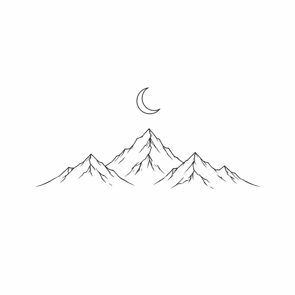 Minimalist fineline tattoo design on white paper showing a mountain range with a crescent moon above.