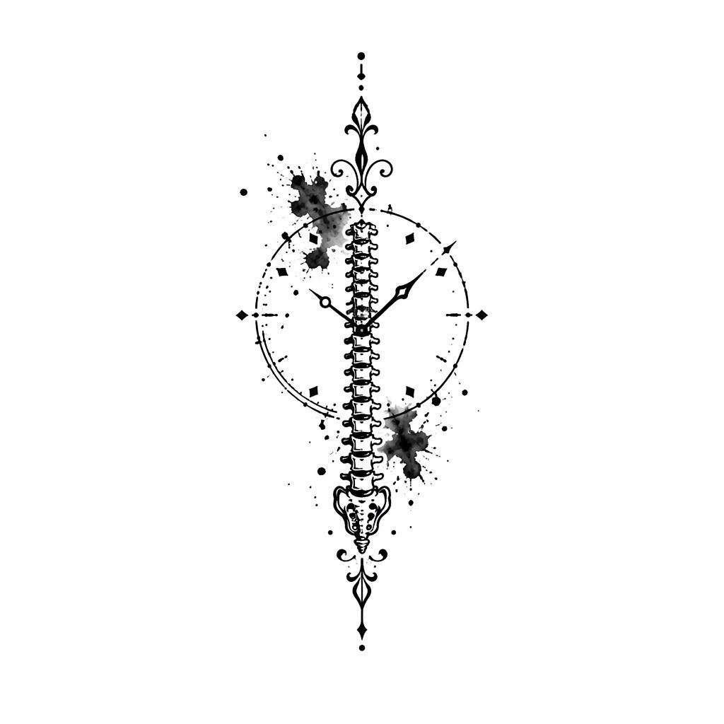 Blackwork ornamental spine tattoo concept on white paper with watercolor splash accents, tiny flash-sheet style design.