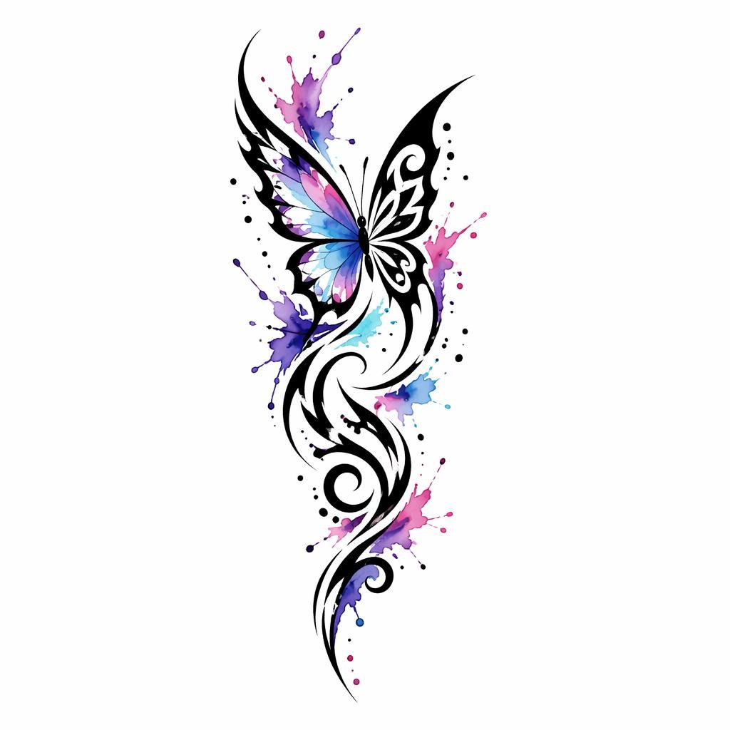 Tattoo design concept on white paper: watercolor butterfly splash. Style: tribal. Intended for ankle, full sleeve panel.