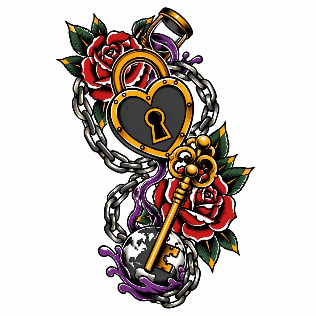 Traditional American tattoo flash of a best friend lock and key drawn on white paper with bold lines and high contrast.