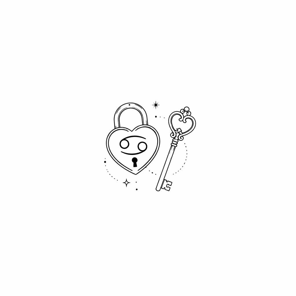 Fineline minimalist tattoo flash on white paper showing a tiny best friend lock and key with a cancer sign motif.