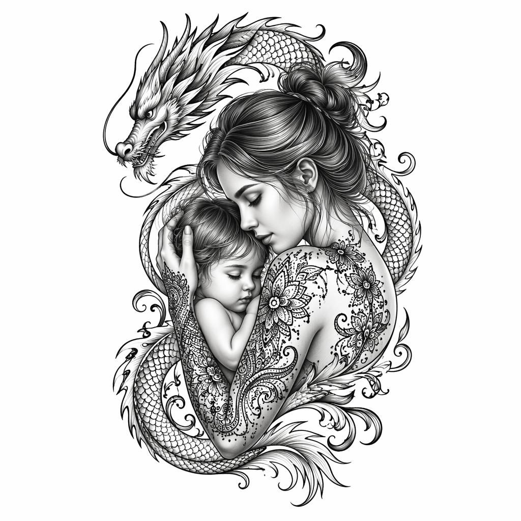 Tattoo flash concept on white paper showing a high-contrast realism mother and child portrait with sharp clean lines.