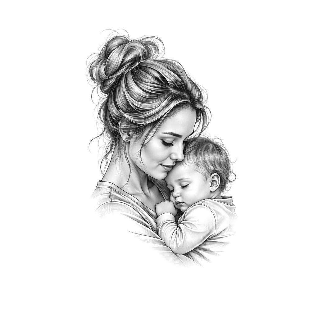 Realism mother and child portrait tattoo design on white paper, clean flash-sheet style with sharp lines and high contrast.
