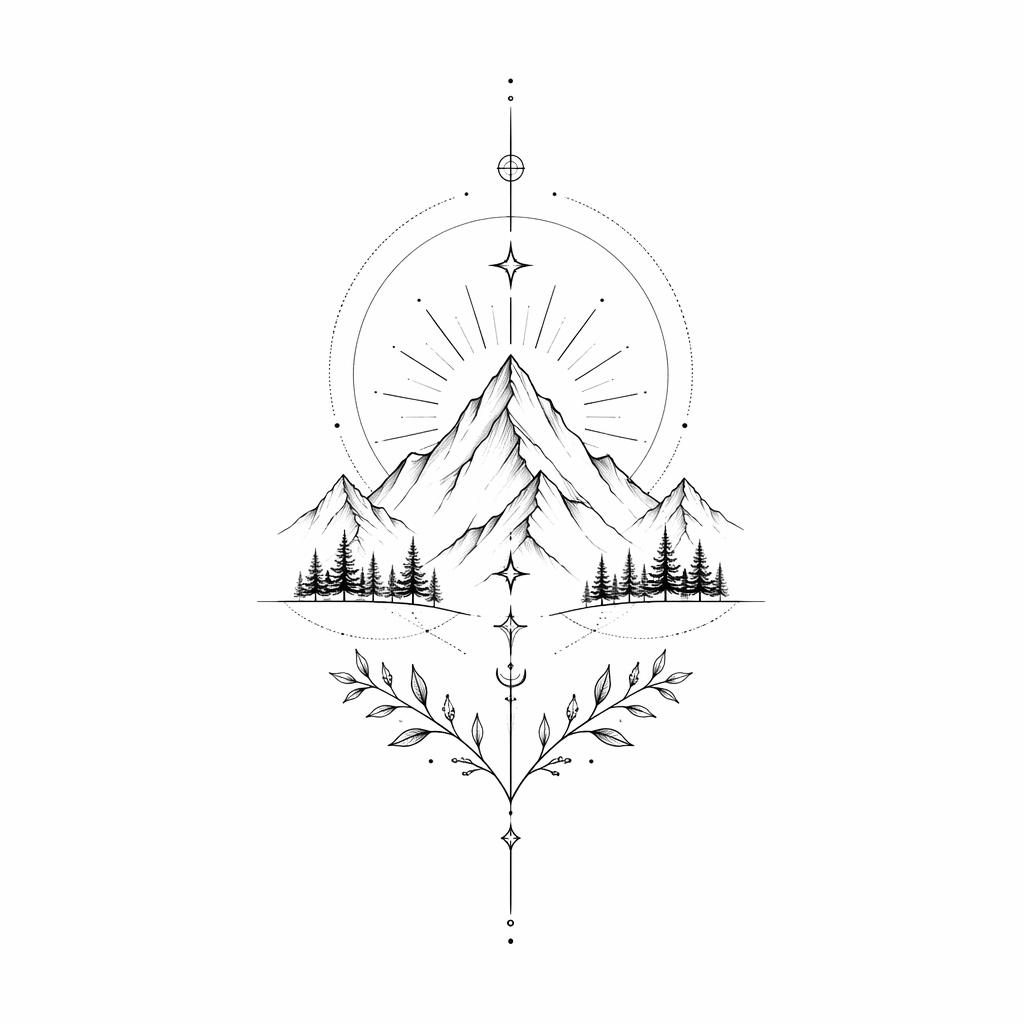 Minimalistisches Fineline-Bergmotiv als Tattoo-Design auf weißem Papier, klare schwarze Linien, Flash-Sheet-Stil