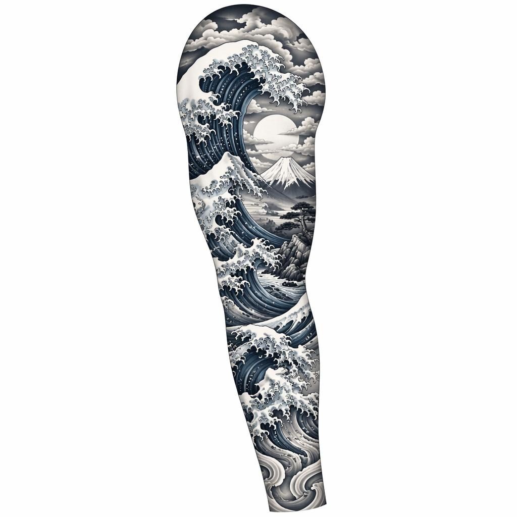 Tattoo-Design auf weißem Papier: japanische Welle als kleines Oberarm-Motiv, klare Linien, hoher Kontrast