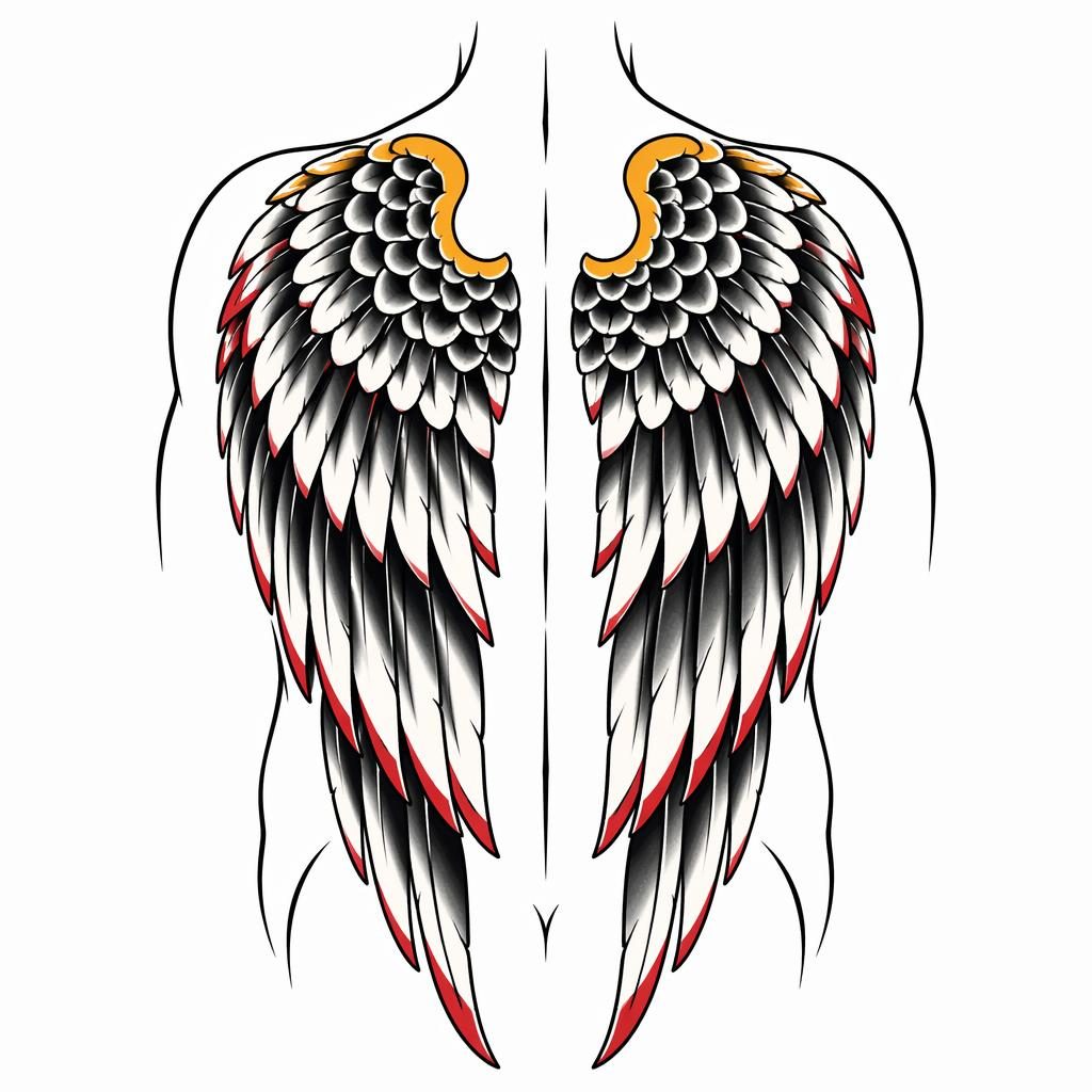 Traditionelles Tattoo-Design mit Engelsflügeln auf weißem Papier, klare Linien, hoher Kontrast, Flash-Sheet-Stil.