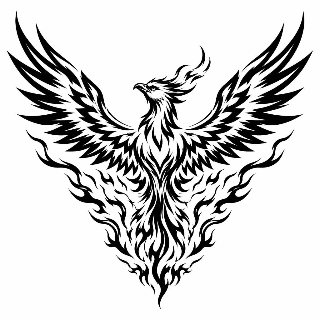 Blackwork phoenix rising chest tattoo design on white paper, bold flash-style lines, high contrast, plain background.