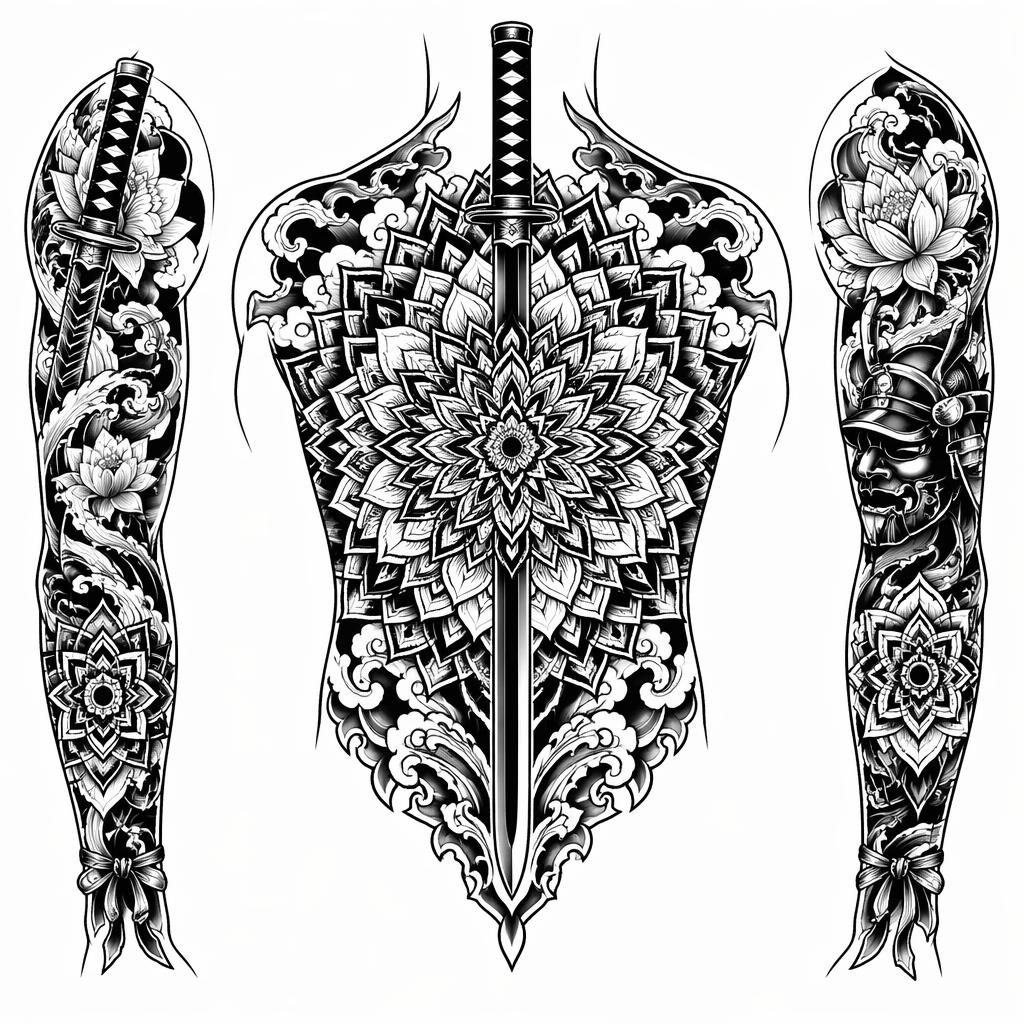 Blackwork mandala back tattoo flash concept on white paper with sharp neo-traditional linework.