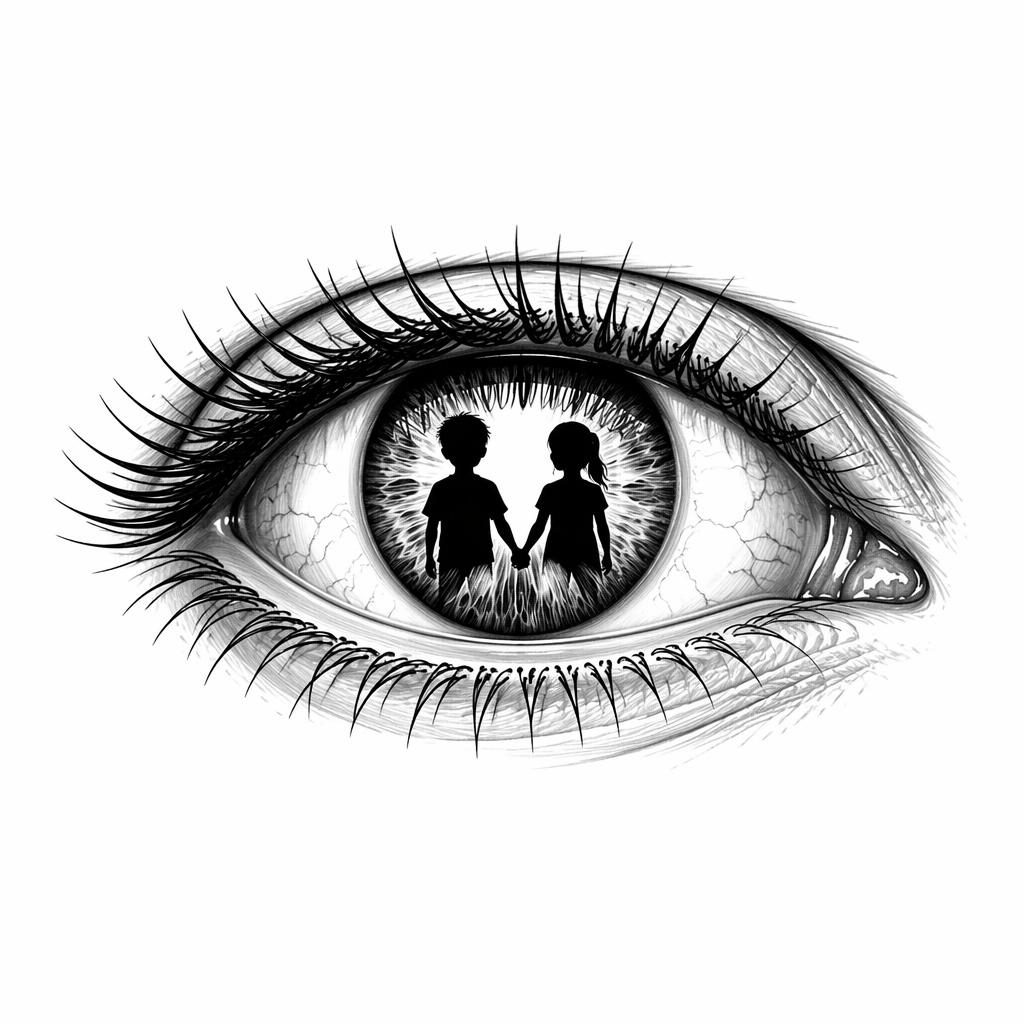 Tattoo-Design auf weißem Papier: realistisches Makro-Auge in Blackwork, hohe Kontraste, scharfe Linien.