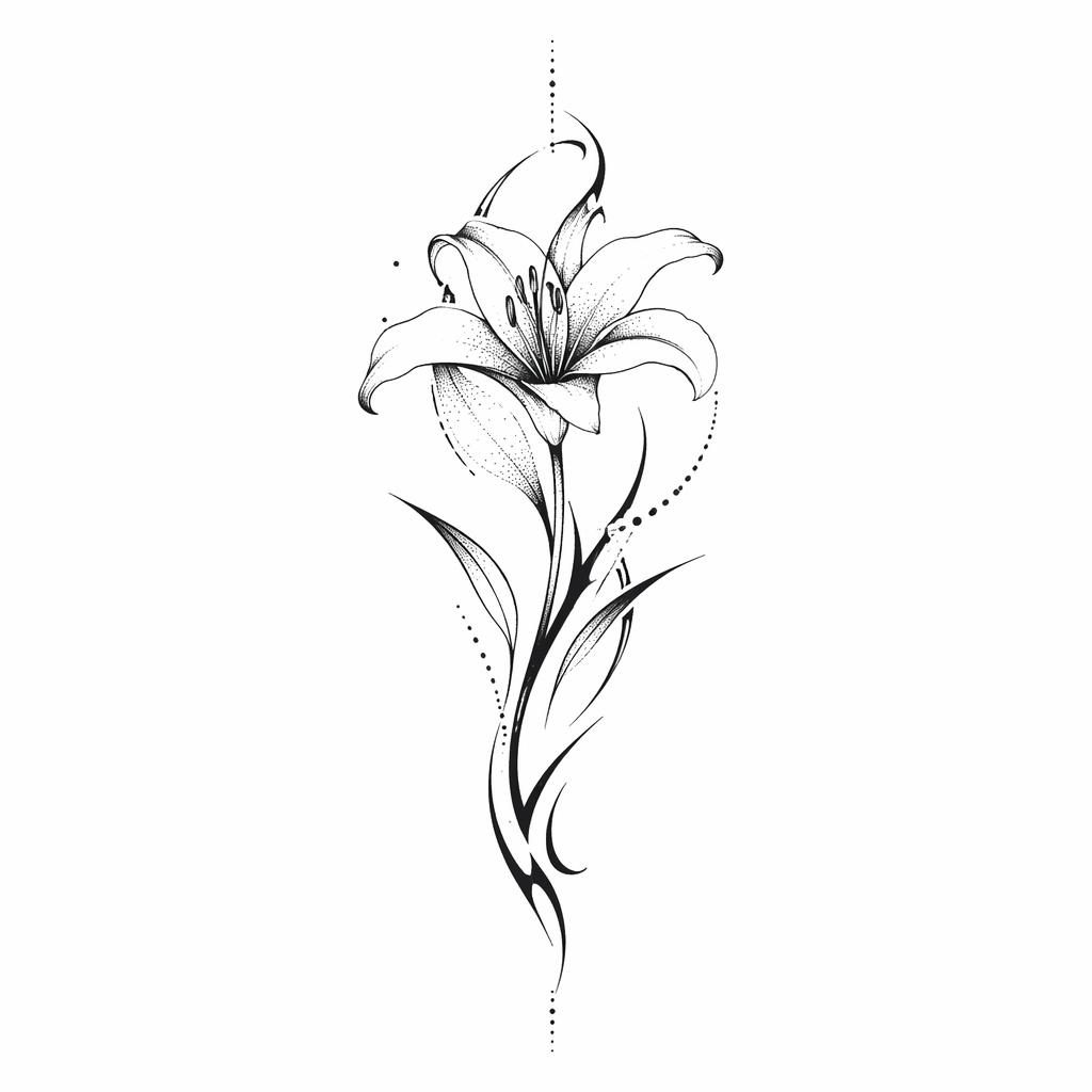 Diseño de tatuaje de lirio minimalista fineline estilo tribal sobre papel blanco, líneas nítidas y alto contraste.