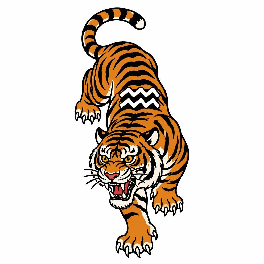 Traditional American tiger crawl tattoo flash concept on white paper with sharp black outlines on a plain white background.