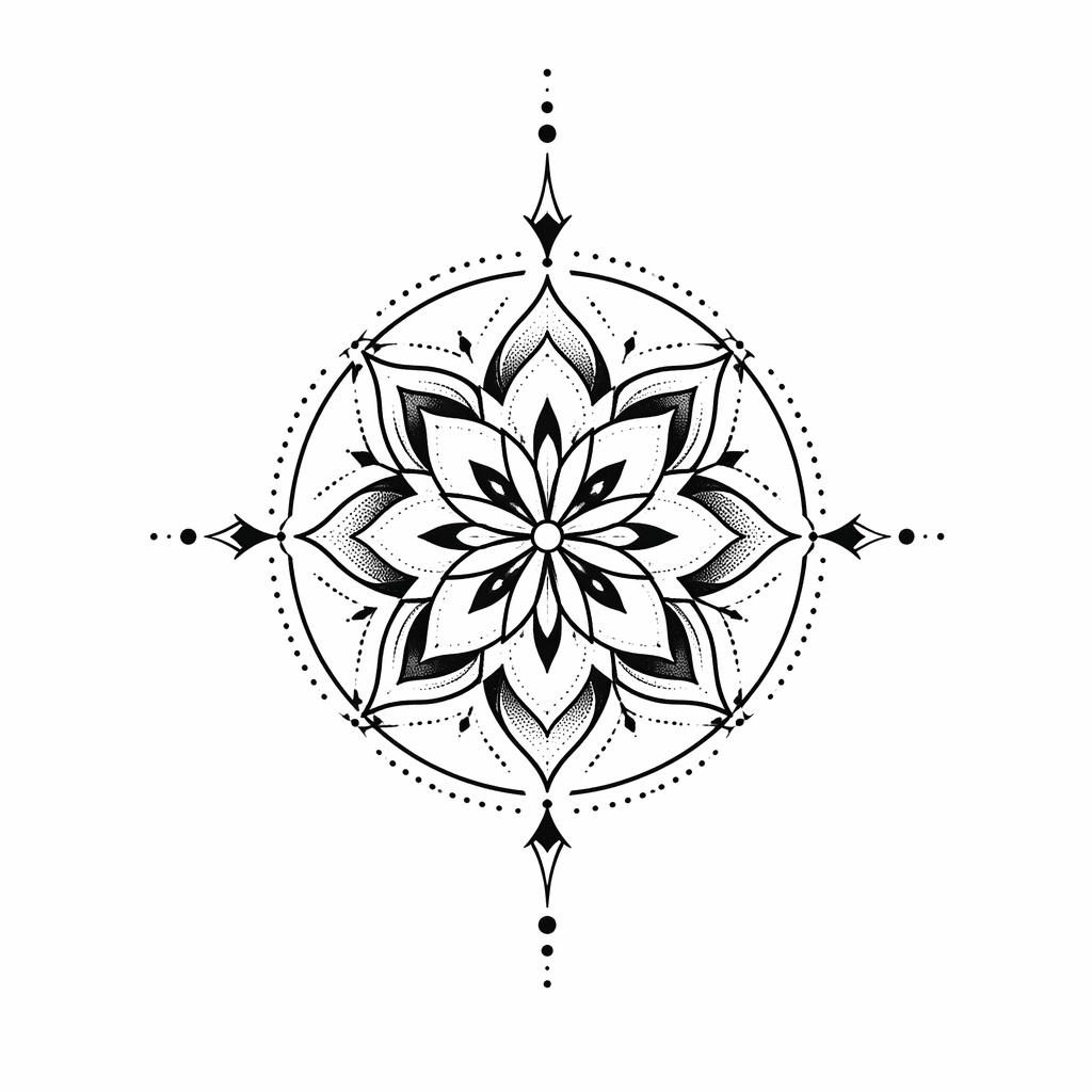Schwarzes Mandala-Back-Tattoo-Design auf weißem Papier, geometrisch, mit Dotwork, klein und kontraststark.