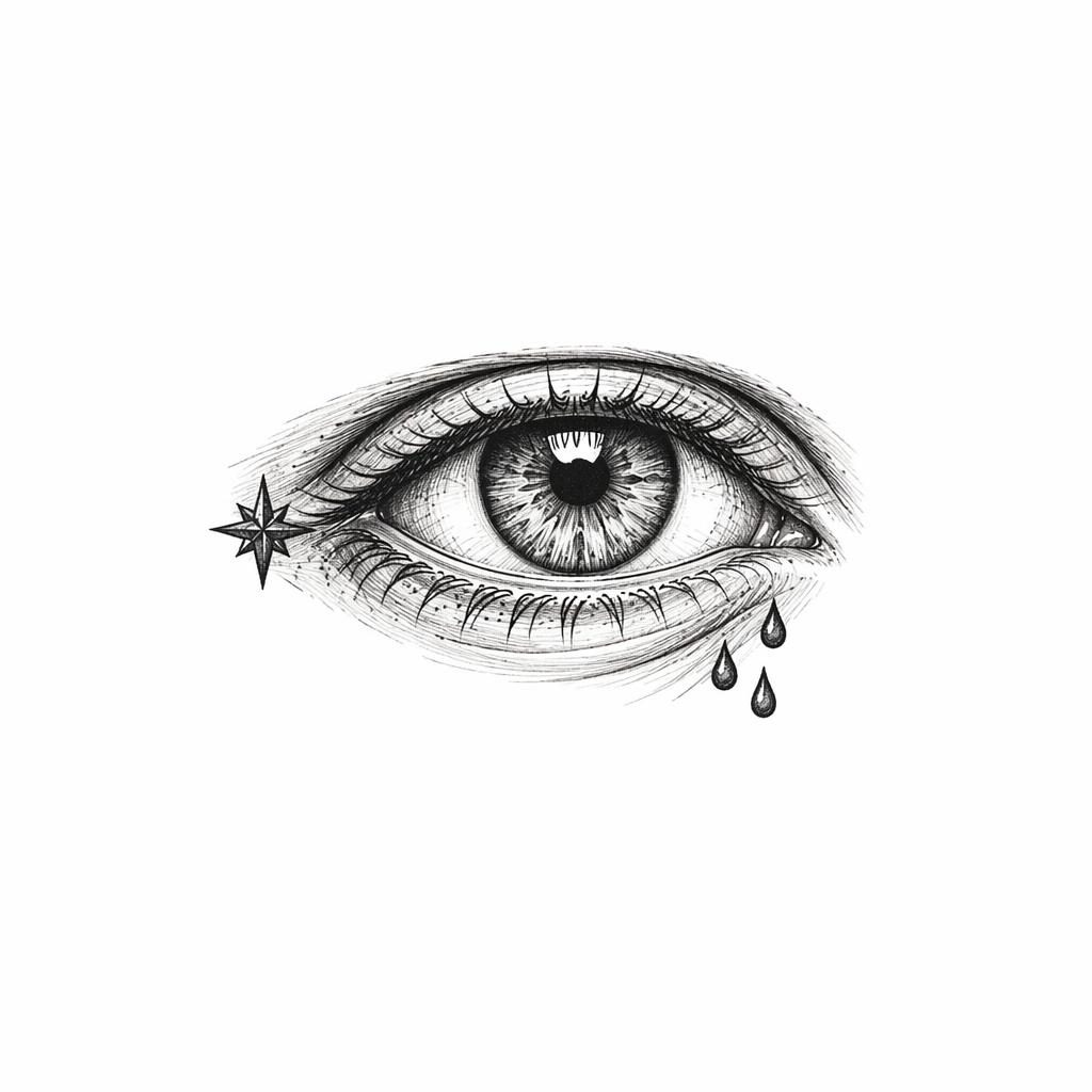 Tattoo-Design auf weißem Papier mit realistischem Makro-Auge, klaren Linien und Flash-Sheet-Look