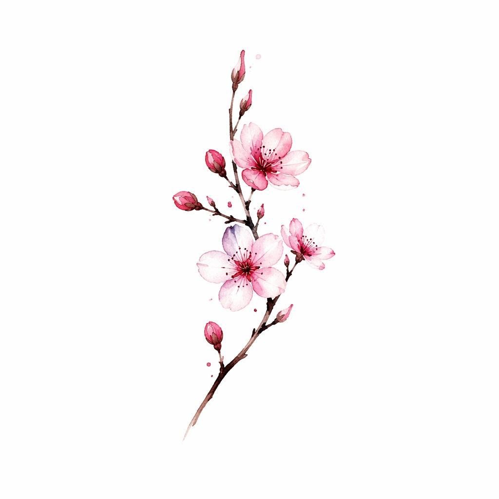 Diseño de tatuaje en papel blanco con rama de flor de cerezo en acuarela, líneas nítidas y alto contraste.
