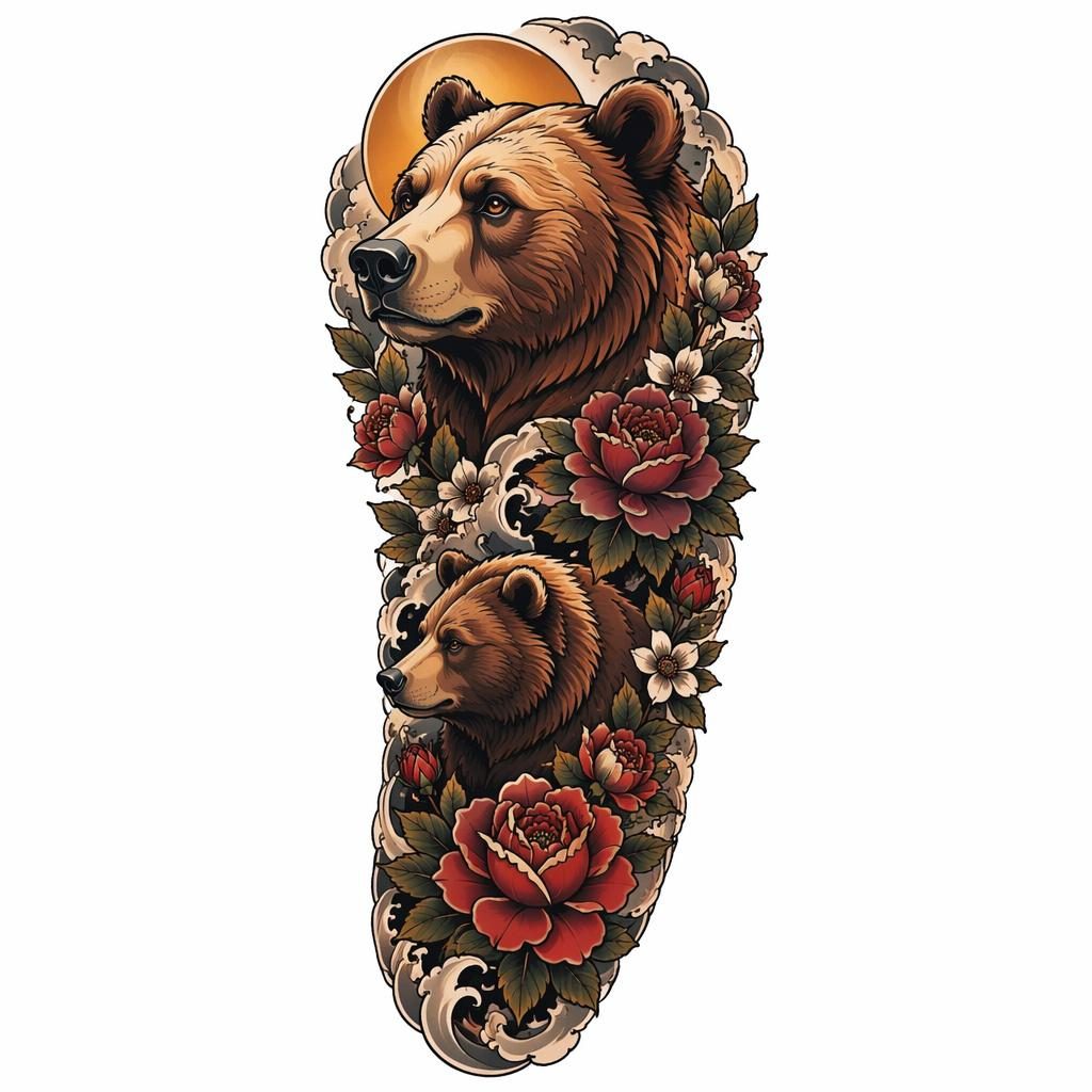 Diseño de tatuaje en papel blanco con oso floral neo tradicional, líneas nítidas y alto contraste, estilo flash