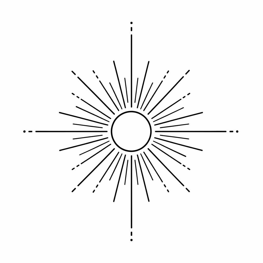 Diseño de tatuaje en papel blanco con rayos de sol minimalistas en fineline negro, alto contraste y líneas nítidas.