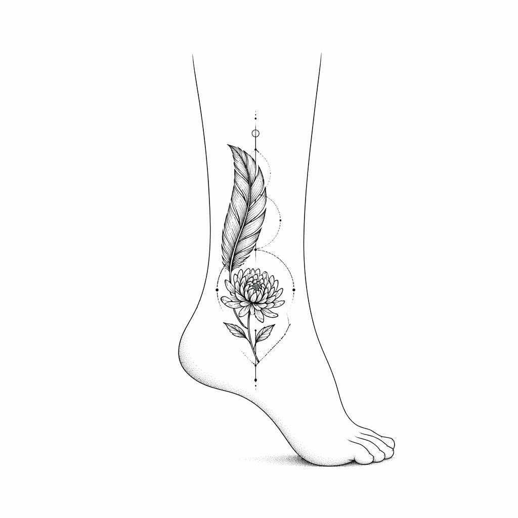 Geometric dotwork tattoo flash of a feather quill on white paper, clean sharp lines, small minimalist design concept.