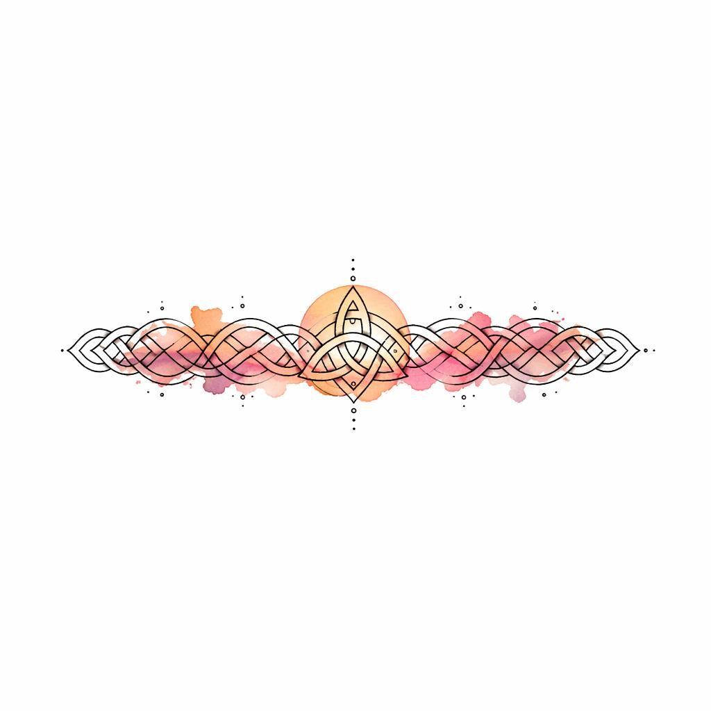Fineline Tattoo-Entwurf eines keltischen Armbands auf weißem Papier in Aquarell-Sonnenuntergangsfarben