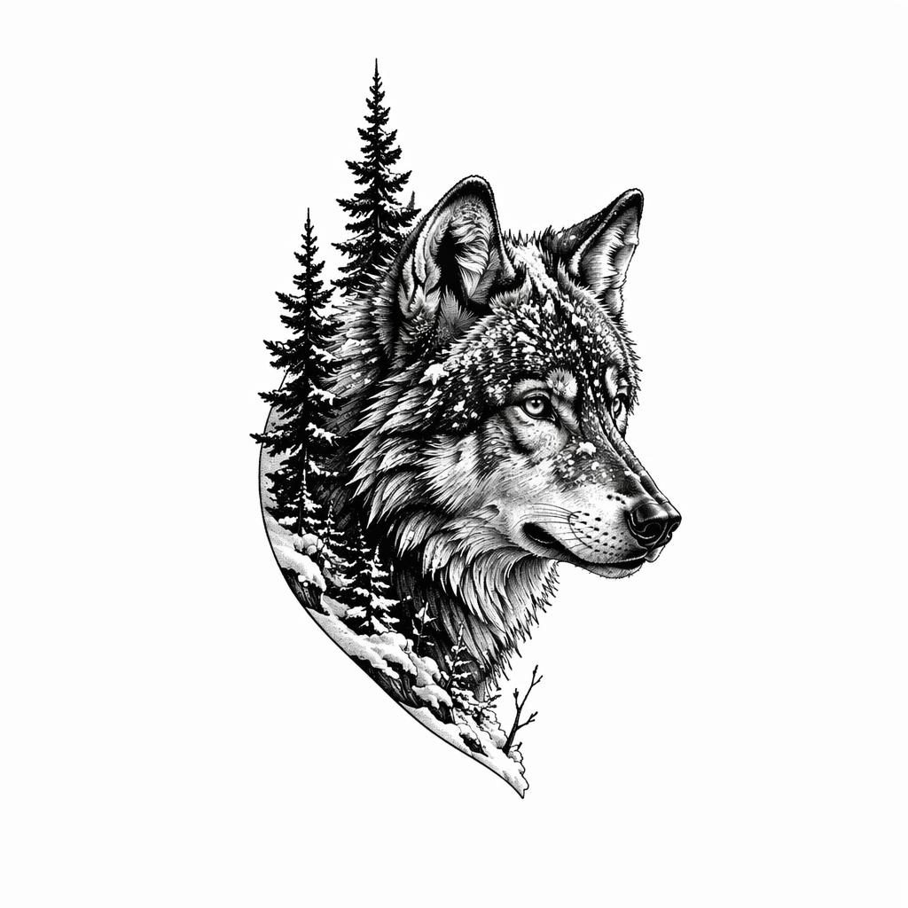 Kleines Tattoo-Design eines realistischen Wolfs im Schnee auf weißem Papier, in kräftigem Blackwork mit scharfen Linien.