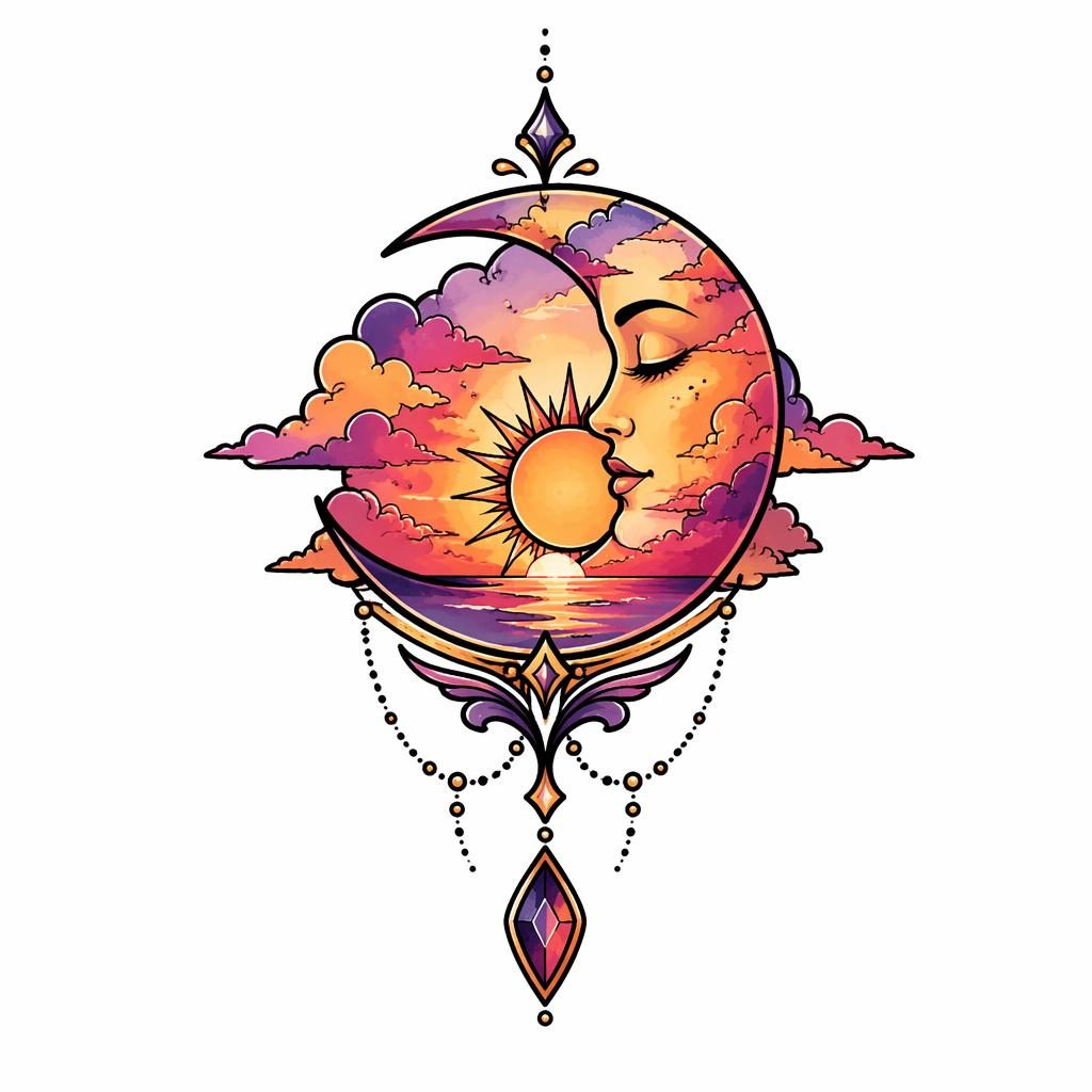 Neo-traditionelles Tattoo-Design auf weißem Papier in Sunset-Aquarellfarben, klare Linien, Flash-Sheet-Stil
