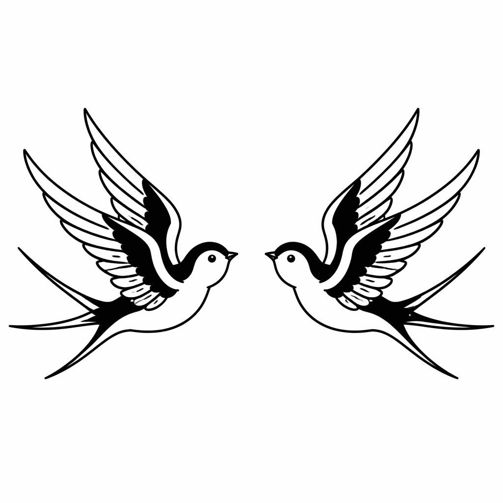 Traditional Schwalben-Brusttattoo als Linework-Skizze auf weißem Papier, klare Konturen, Flash-Design ohne Schattierung