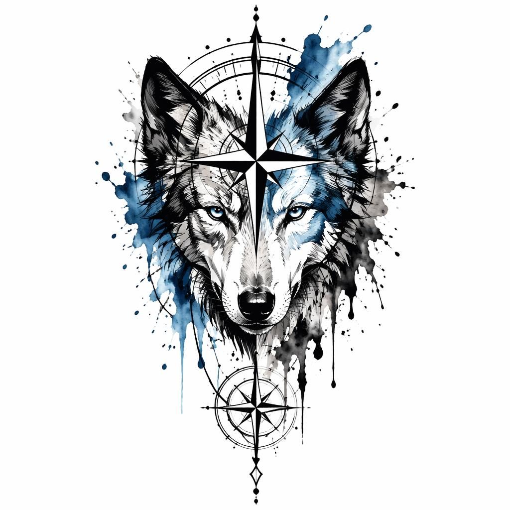 Diseño de tatuaje en papel blanco con rostro de lobo en acuarela y trazos blackwork de alto contraste.