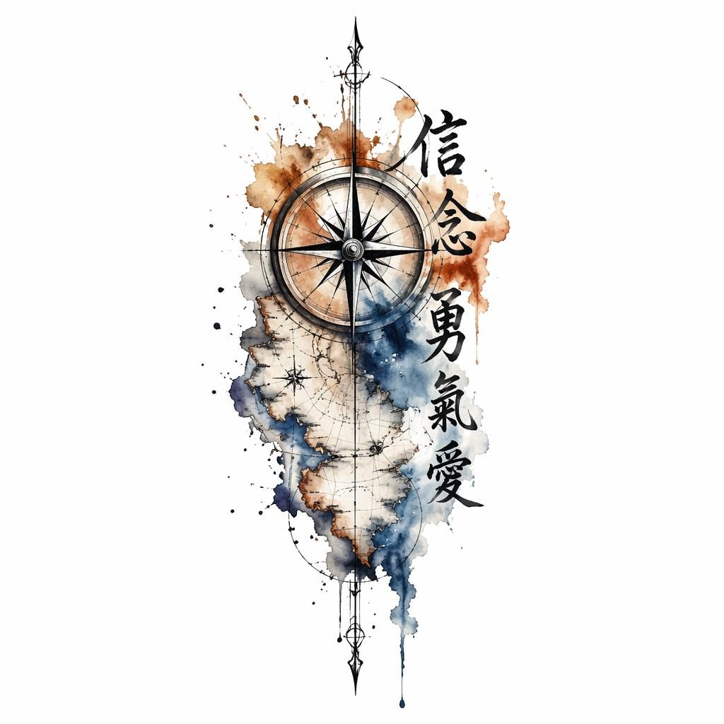 Tattoo-Entwurf auf weißem Papier mit Kompass- und Kartenmotiv im Aquarellstil, klare Linien, hoher Kontrast.