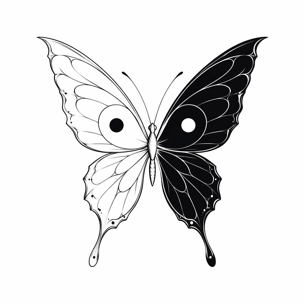 Diseño de tatuaje en papel blanco con mariposa fineline minimalista, líneas nítidas, alto contraste y estilo flash