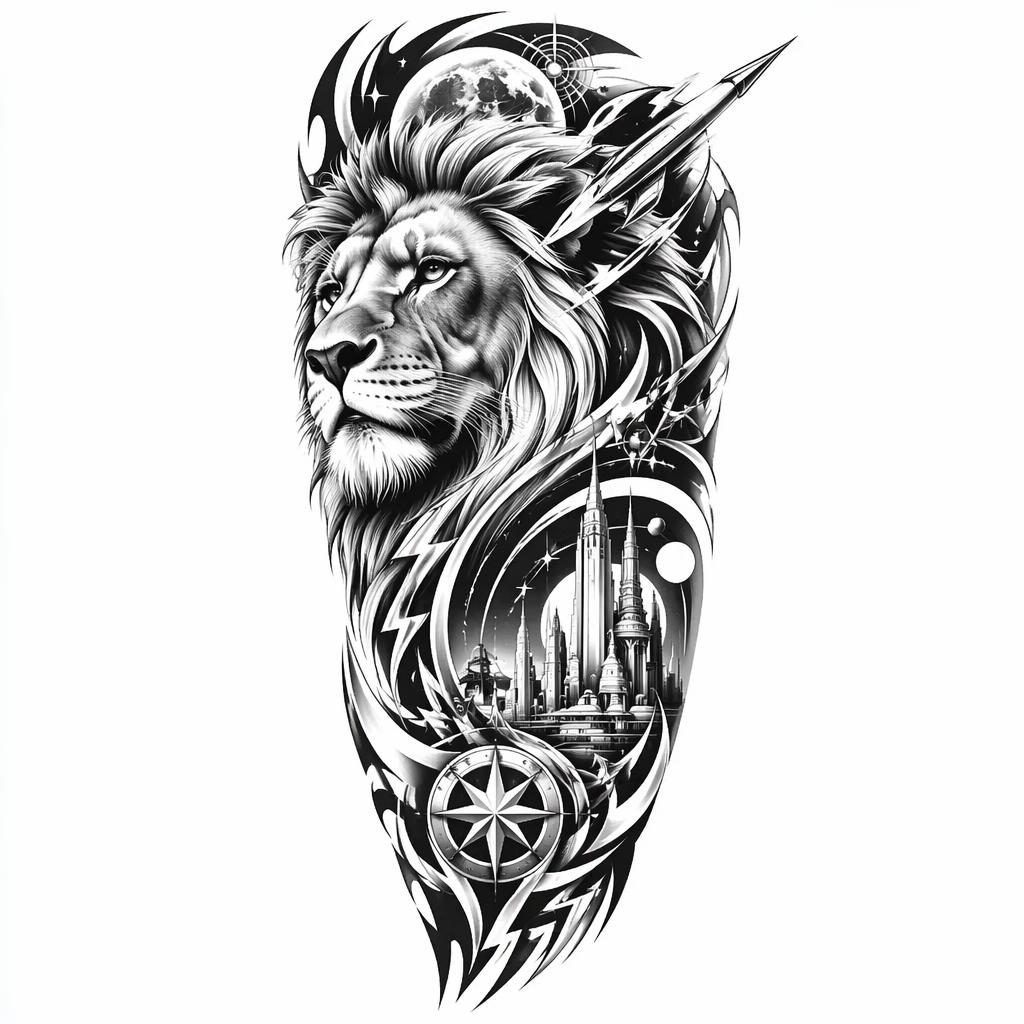 Tattoo design concept on white paper showing a high-contrast tribal realism lion portrait for a collarbone or sleeve panel.