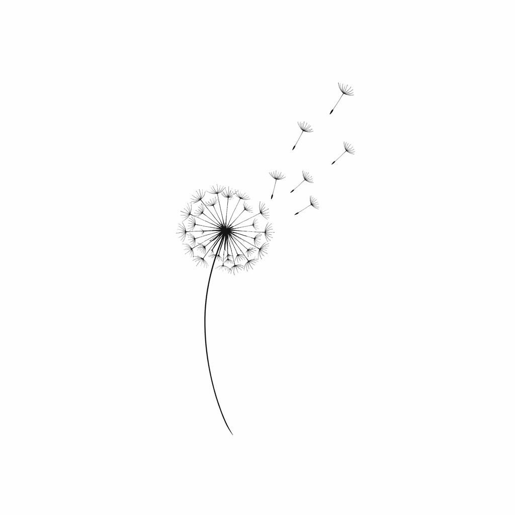 Minimalist fineline dandelion tattoo flash drawn on plain white paper with sharp black lines and no shading.