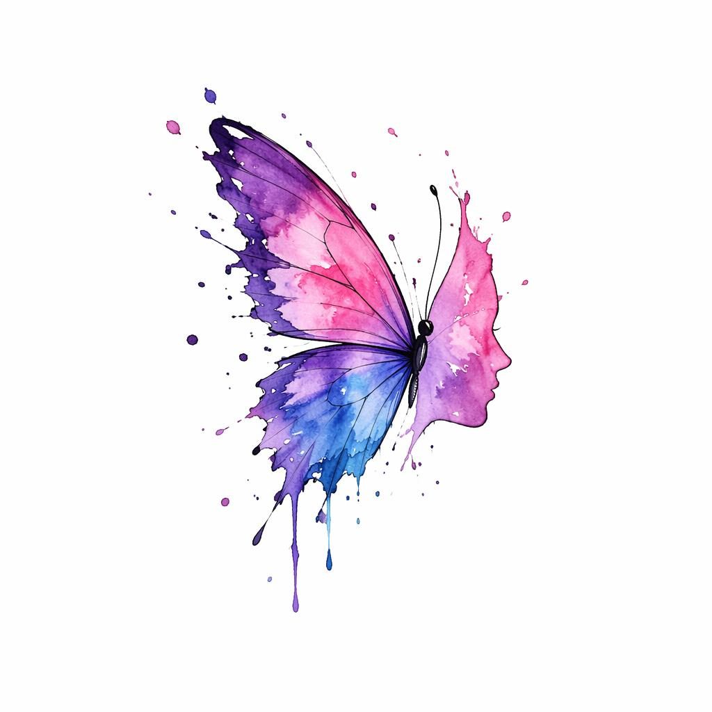 Aquarell-Schmetterling als Tattoo-Design auf weißem Papier, klare Konturen, farbige Splash-Effekte, Flash-Sheet-Stil