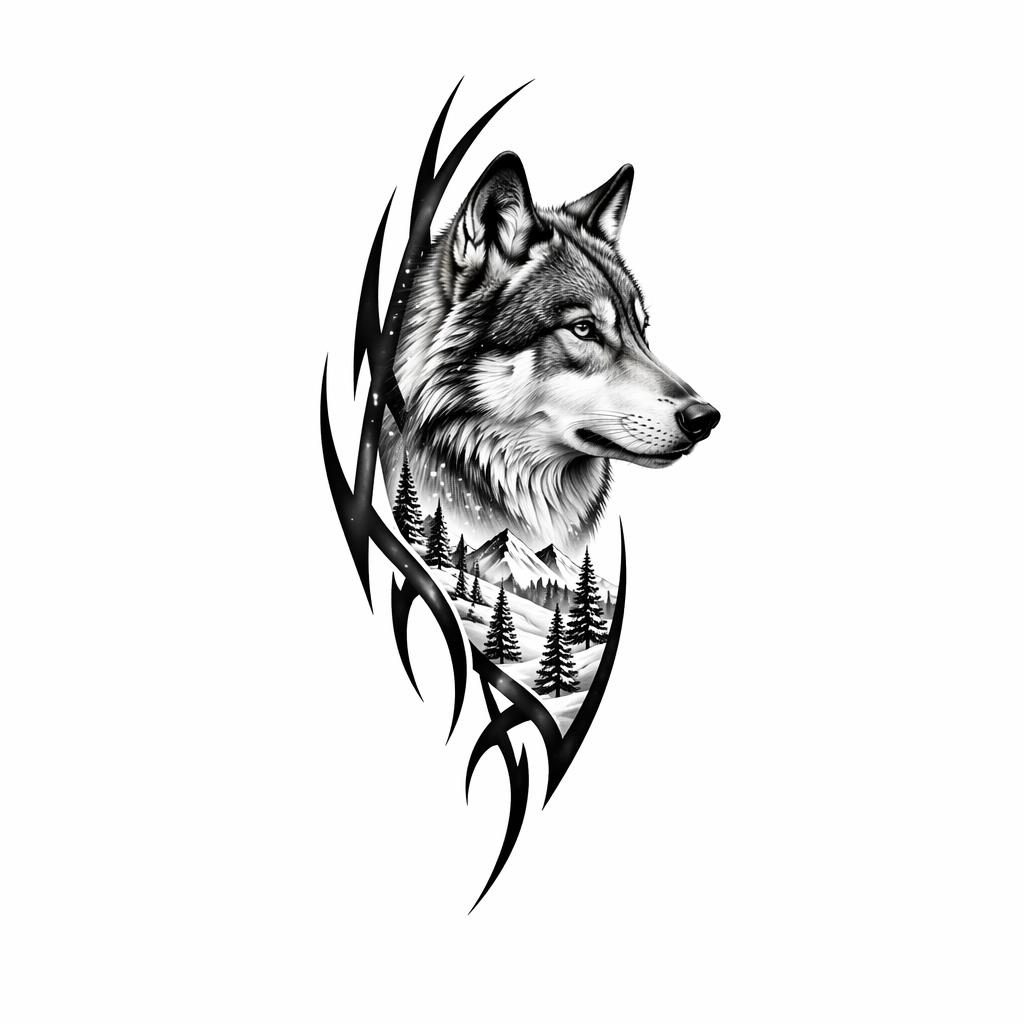 Tiny tribal wolf tattoo design on white paper, high-contrast flash-sheet illustration with sharp black lines and snow detail.