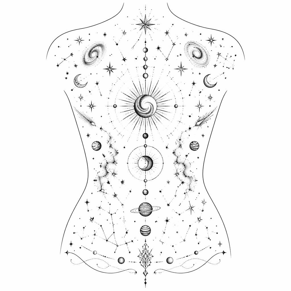 Geometric dotwork tattoo design of cosmos and stars on white paper, flash-sheet style with sharp black lines.