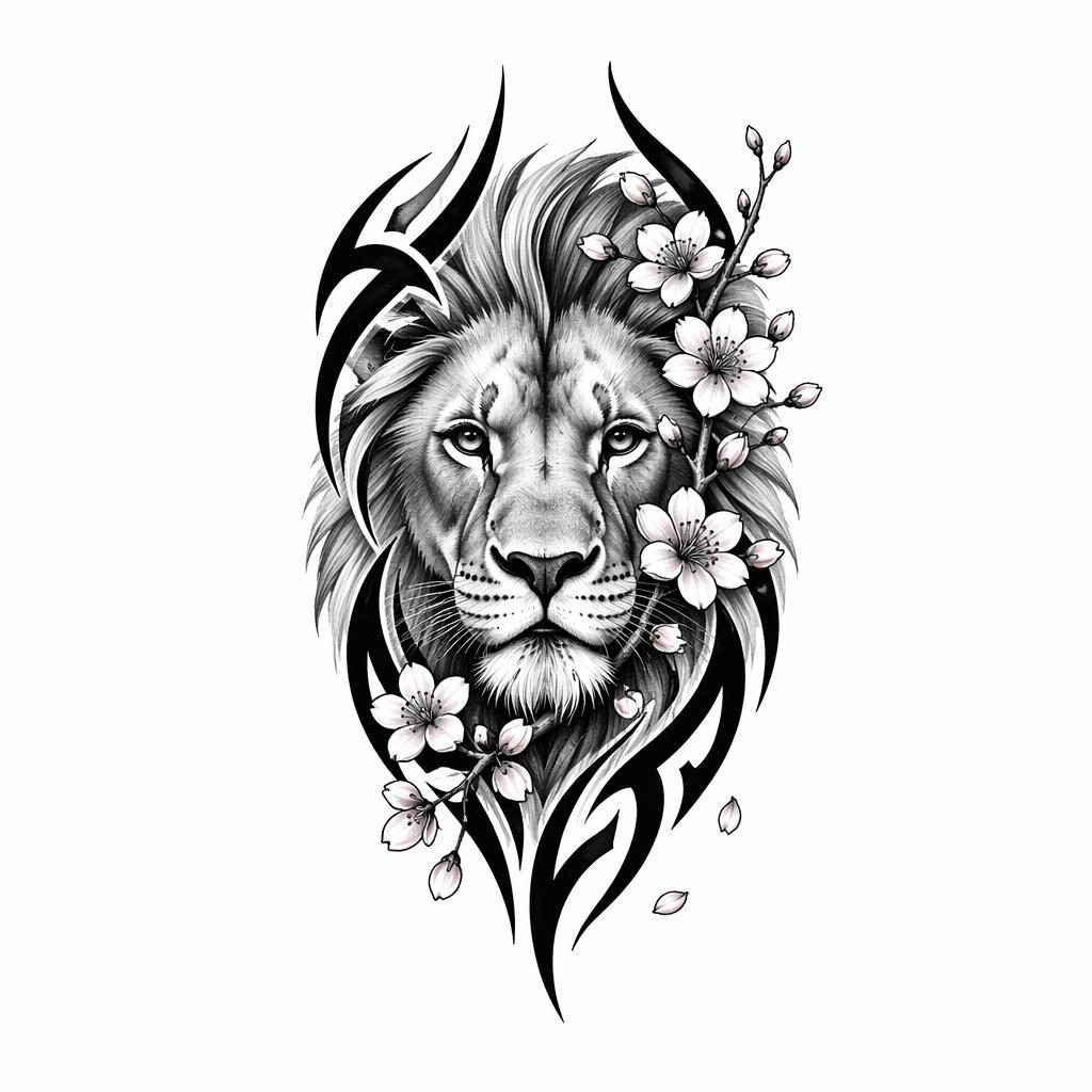 Tattoo-Design auf weißem Papier: realistisches Löwenporträt im Tribal-Stil, klein für den Oberschenkel, klare Linien.