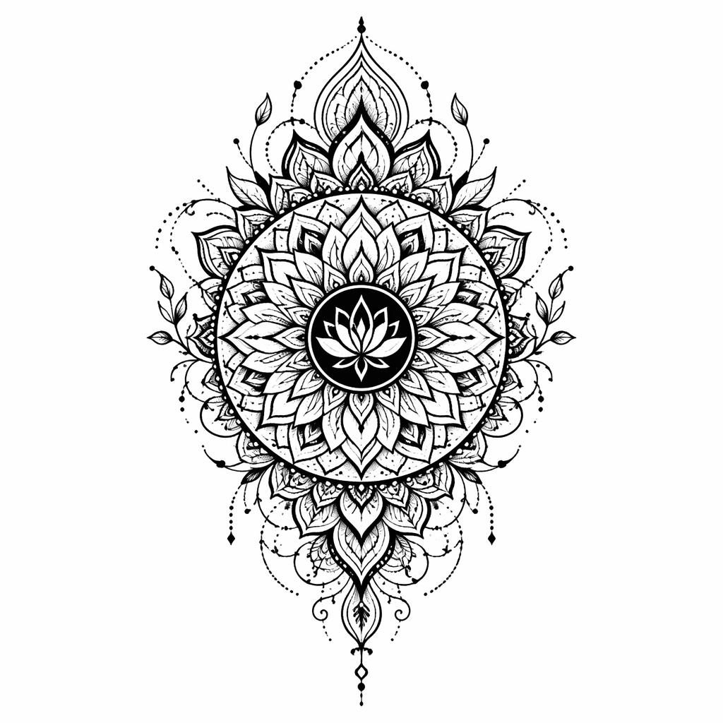 Blackwork-Mandala-Tattoo-Entwurf mit Schriftzug Geduld auf weißem Papier, klare Linien, hoher Kontrast