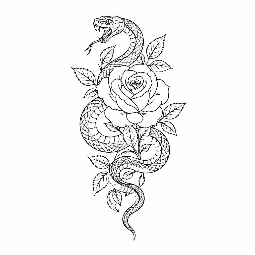 Illustration de dessin tattoo sur papier blanc d’un serpent traditionnel enlacé à une rose, lignes fines et contraste net.